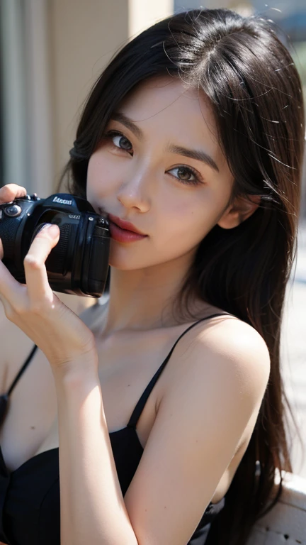 ((((masterpiece、Highest quality、High resolution、Tabletop、wallpaper、Realistic、Bright lighting、Professional Lighting、Face Light、Smooth lighting、Japanese women、Beautiful woman、action、gravure、sexy、so beautiful、Beautiful Skin、Beautiful and exquisite、Detailed face、slim、Looking into the camera、Cleavage))))、((Big Breasts:1.4))、((((japanese,20-years-old,One woman,outdoors,Looking into the camera:1.5)))),smile,close mouth