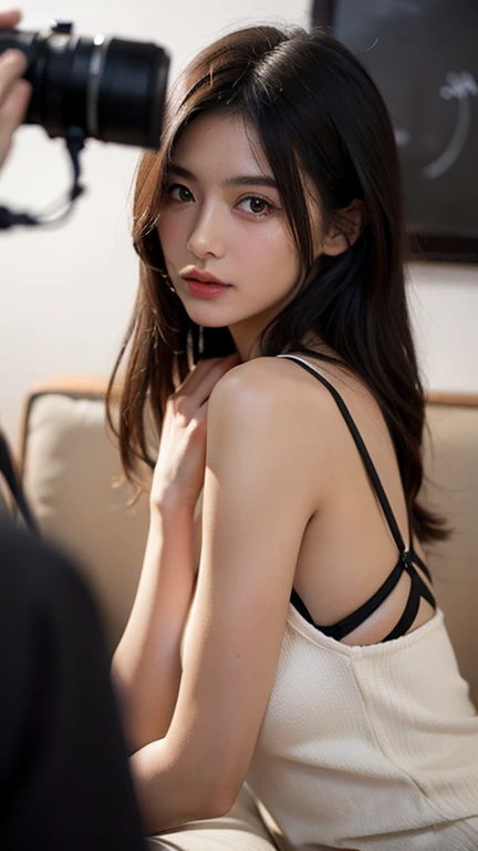 ((best quality, 8K, masterpiece :1.3)), whole body, sharp focus: 1.2, perfect body beautiful: 1.4, slim abs: 1.2, ((dark brown hair, : 1.2)), Tank Top Dress: 1.1, (street: 1.1), Highly detailed facial and skin textures, delicate eyes, double eyelids