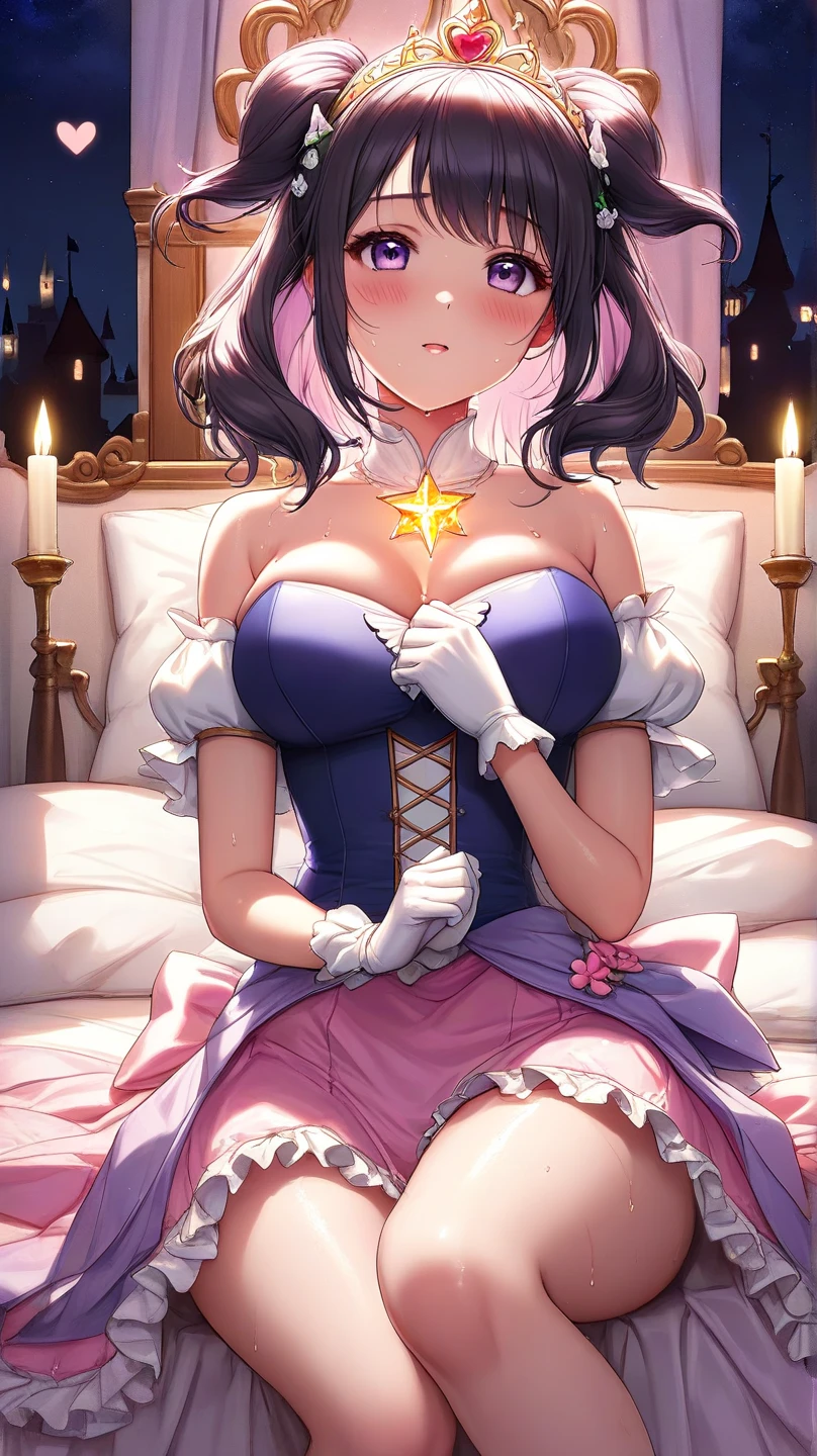 debris flies, highest quality, Highly detailed CG Unity 8K wallpaper, sexy witch , short hair、Dark blonde wavy hair、off shoulder knit, dark blue pleated skirt, stockings、medium breasts, saggy breasts, Pose that emphasizes the chest, blush, shy smile, bare shoulders, (((、open your legs wide、please open your knees、Hold the magic wand between your breasts)))、、nice magic book、church bed、lying in bed、stick out your butt、pink panties、pink good