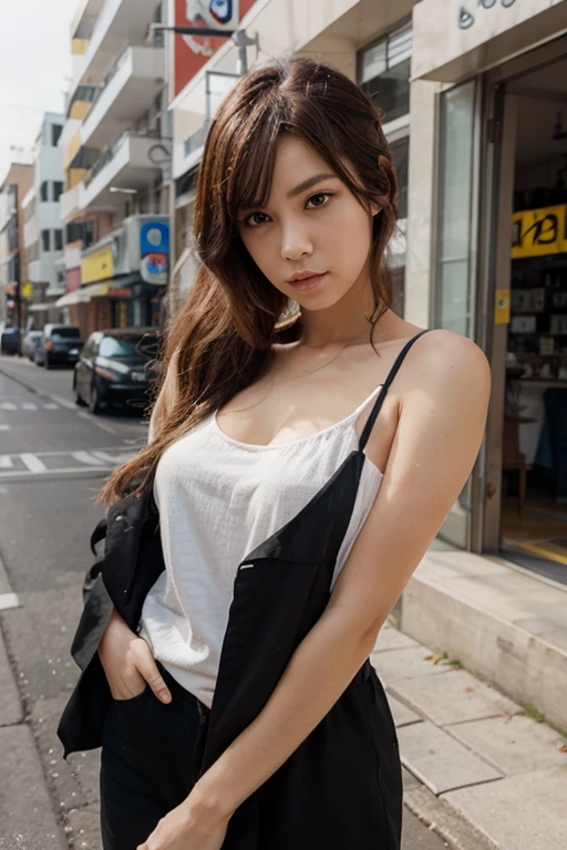 ((Highest quality, 8k, masterpiece :1.3)), (Sharp focus :1.2, Beautiful woman with perfect figure :1.4, Slim Abs), ((Big Breasts, Emphasize cleavage:1.3)), (Photorealistic:1.4), (realistic:1.4), (Long Hair, Light brown hair:1.5), Highly detailed face and skin texture, Fine grain, double eyelid. Makeup face, A little bit of lipstick, sex appeal, Sexy gravure pose, ((A beautiful woman wearing a black tube top and denim shorts、In a neon-lit alleyway, with one foot on the wall、She is smiling while emphasizing her beautiful legs.。:1.3))