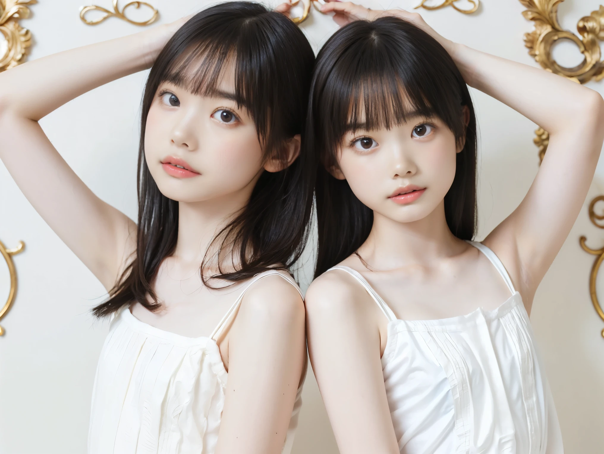 ((2girls)), (((flat chest:1.5))), (((white camisole dress))), (two toddler girls, short hair girl and long hair girl, in old apartment at late night, toddler), ((pale skin:1.3, toddler body)), (baby face:1.3), red room, red wallpaper, narrow room, night time, (top-quality), Realistic, (real picture, Intricate details), natural skin texture