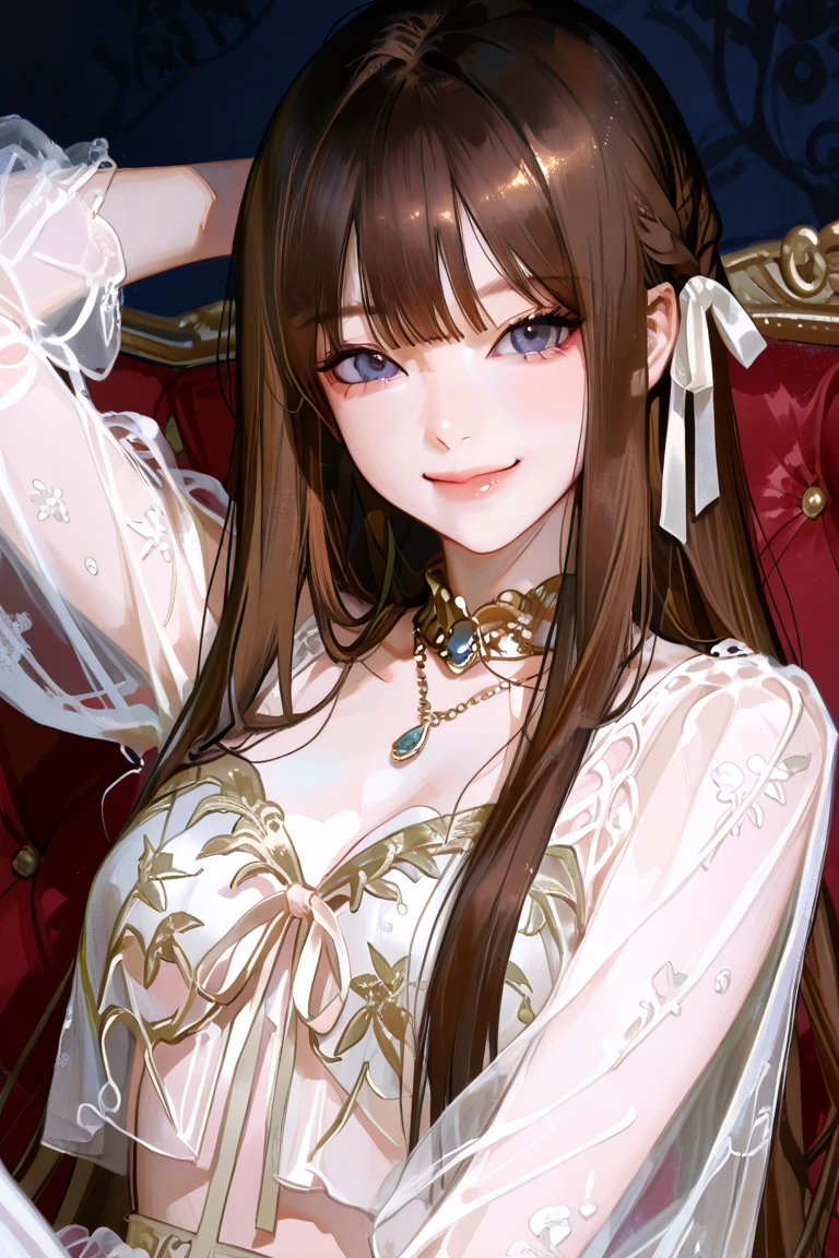 masterpiece、beautiful details、Perfect focus、Uniform 8K wallpapers、RAW photo、(Domain depth:1.5)、(Wariza)、hands between legs、one girl、light brown hair、bun hairstyle、clear deep eyes、smile、happiness、open your mouth、The elegance of a renaissance coat、 Gorgeous floor-length gown in rich jewel tones、Embellished with intricate brocade and velvet fabrics、Fitted bodice with lace-up details、Creates the hourglass silhouette typical of Renaissance fashion。Glamorous puff sleeves stand out with decorative bows and ribbons、add a dramatic touch。pearl necklace and earrings、Pair it with a pretty hairpin、For an elegant look、Excessive exposure、