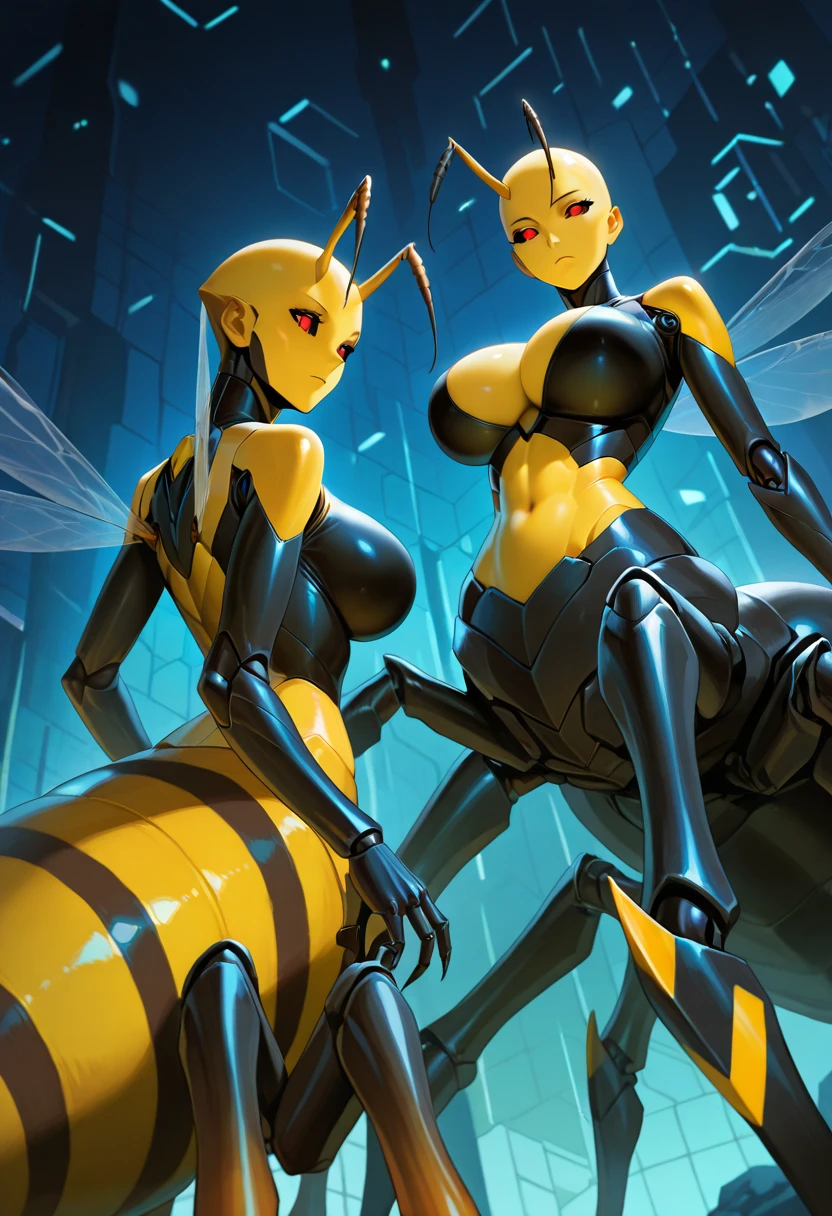 (Best Quality, 4K, 8K, High Definition, Masterpiece: 1.2), (Ultra Detailed, Realistic, Photorealistic: 1.37), Improbable défilé de mode de trois sublimes androïdes femmes-insectes futuriste, paysage d’Amazonie immense et futuriste