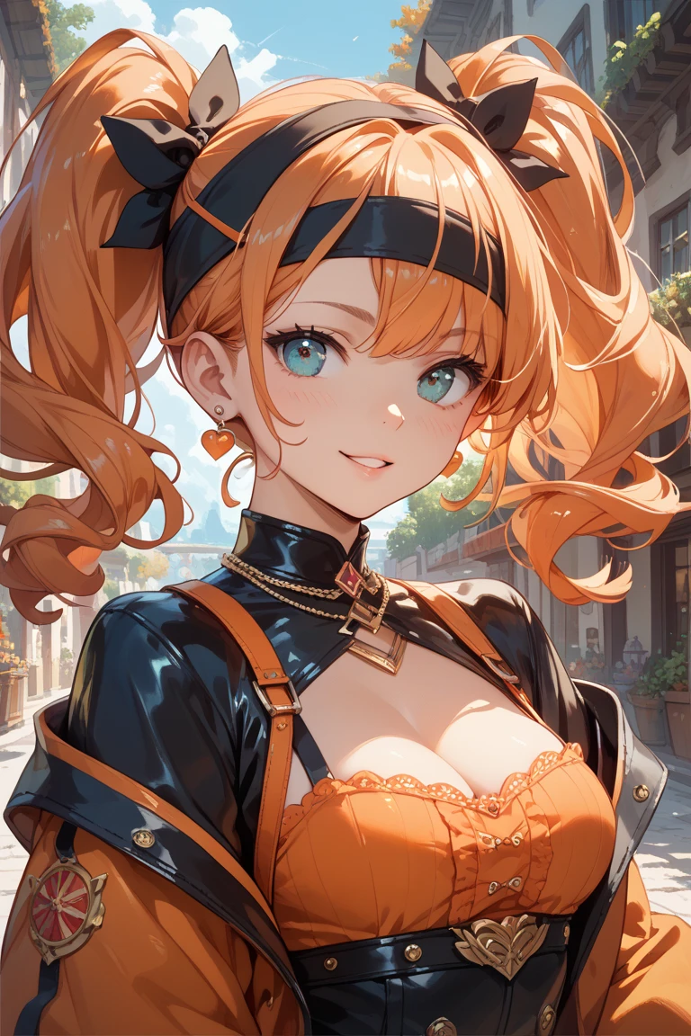 1girl, solo, yorigami jo'on, orange hair, eyewear on head, orange eyes, jewelry, pendant, earrings, looking at viewer, outdoors, crowd, makeup, Magical girl, twin drills, drill hair, night city, open mouth, smiley, projected inset, tachi-e, projected inset, projected inset, character chart, high details, high quality, super detail, anatomically correct
