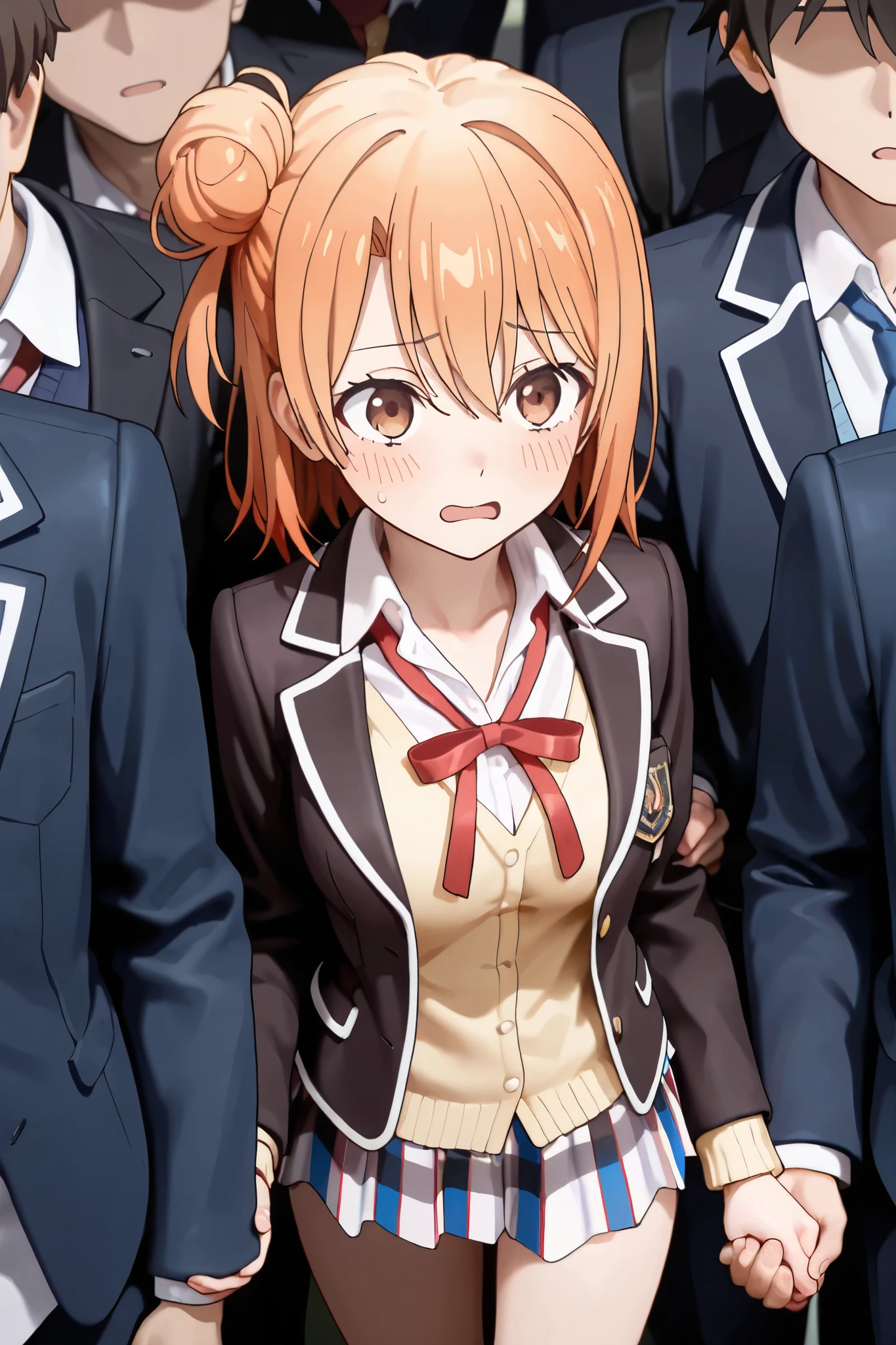 NSFW,masterpiece,top quality,high resolution,very detailed,yui yuigahama(After all, My Youth Romantic Comedy is wrong),short hair、brown eyes、orange hair、bun hair、single hair bun,blazers、Cardigan、jacket、thigh plaid、thigh plaidskirt、uniform、skirt、総武高校のuniform,in the train,Surrounded by men,Being molested by a man, frightened face,cover,can grab my chest,get fingered
