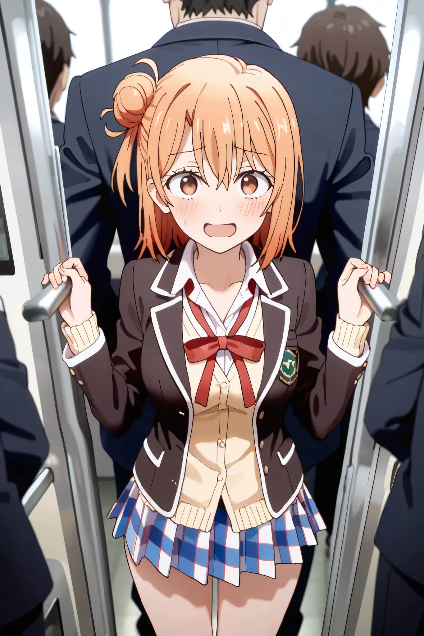 NSFW,masterpiece,top quality,high resolution,very detailed,yui yuigahama(After all, My Youth Romantic Comedy is wrong),short hair、brown eyes、orange hair、bun hair、single hair bun,blazers、Cardigan、jacket、thigh plaid、thigh plaidskirt、uniform、skirt、総武高校のuniform,in the train,Surrounded by men,Being molested by a man, frightened face,cover,can grab my chest,get fingered