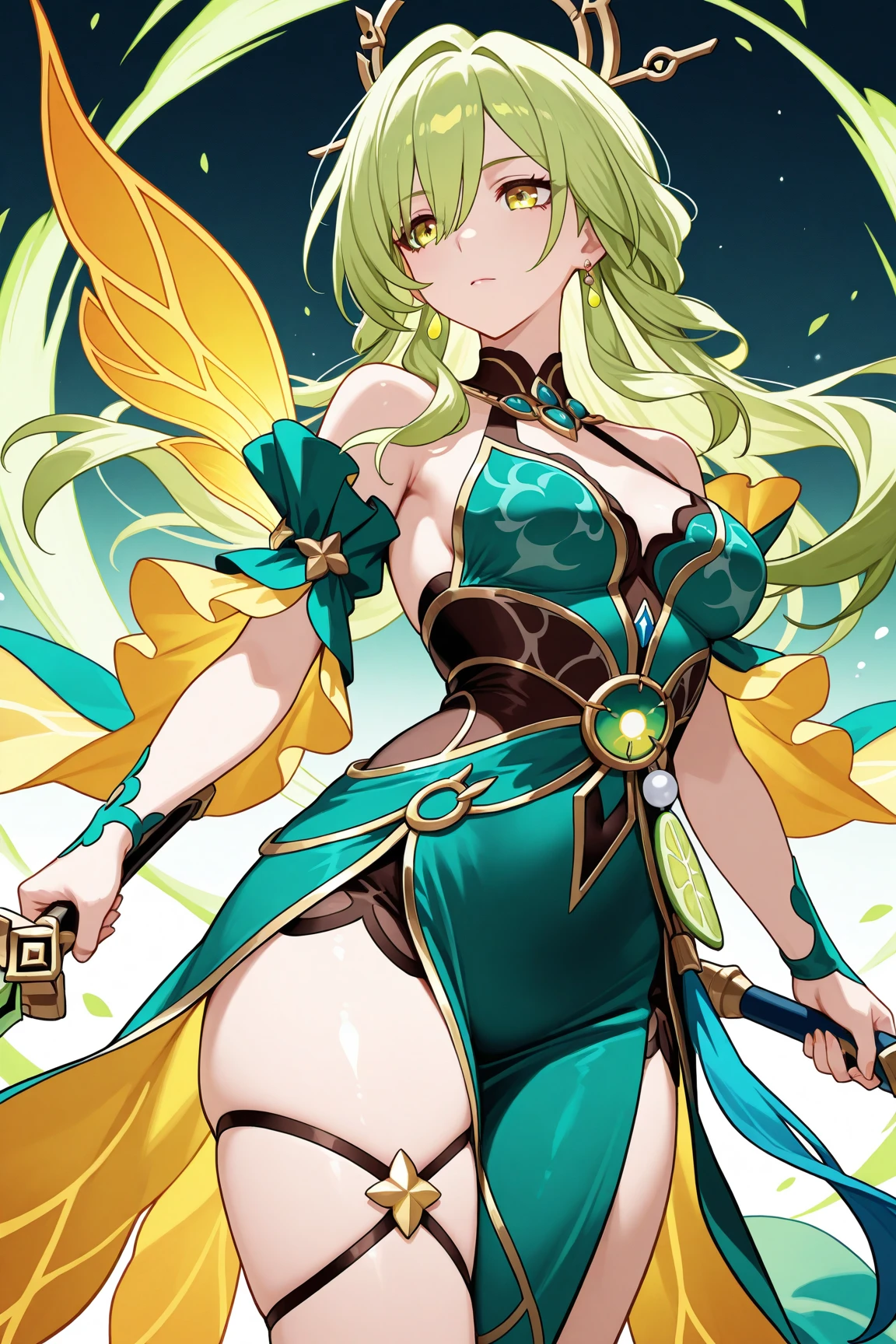  picture of a exotic, exquisite beautiful woman wearing ((black Cheongsam with lively vivid flowers, the flowers grow from the Cheongsam to be alive : 1.5), she wears, (knee high laces heel boots: 1.2), (light green hair: 1.2), long hair, wavy hair, pale skin, (deep blue eyes, Intense gaze: 1.2), fantasy druid grove background, dynamic background, high details, best quality, highres, ultra wide angle, best details, best quality, 16k, [ultra detailed], masterpiece, best quality, (extremely detailed), full body, ultra wide shot, photorealistic, fantasy art, dnd art, rpg art, realistic art, an ultra wide