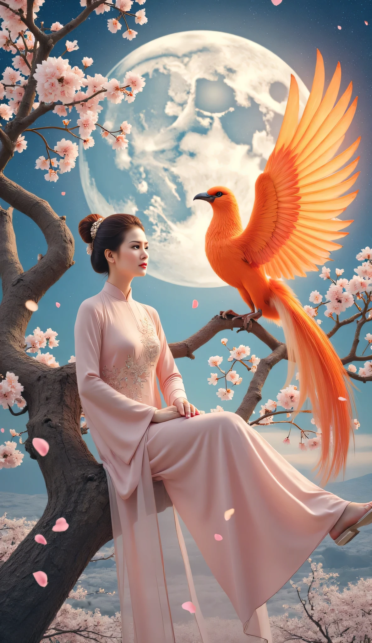 An enchanting fantasy scene with a heavenly maiden wearing an elegant pale pink traditional dress, flexible, sitting gracefully on an ancient tree, spirally decorated with delicate cherry blossoms. She faces forward with a serene yet charming face, } her eyes reflect wisdom and stillness. Next to her, a majestic fire phoenix with brilliant plumage, shining forth their beautiful wings, radiating divine light all around them. The background is a spectacular full moon, illuminating the landscape with soft light, serenity, while sparkling stars dot the deep blue sky. The atmosphere is dreamy and mystical, with petals gently floating in the air, adds to the enchanting beauty of this supernatural spectacle.