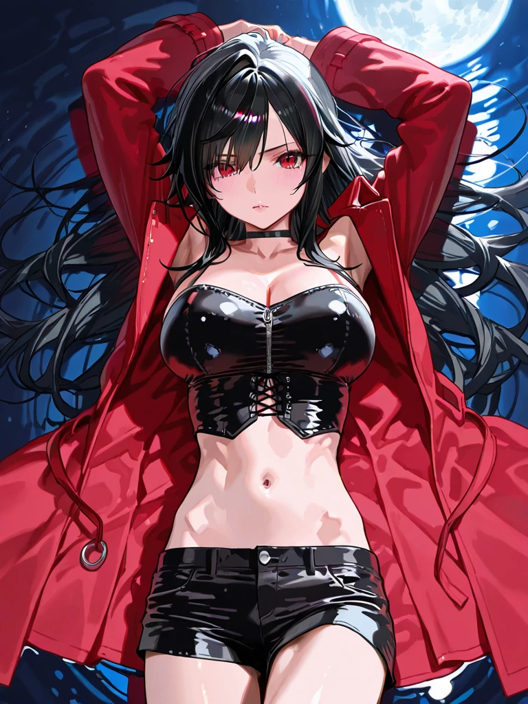 solo, female, huge woman, heavy black mascara, long straight black hair, red eyes, black wolf ears, huge breasts, collar, leash, elegant, kimono, leash, furry claws, close up, forest, bound, tied up, dark, yandere, afraid, cleavage:0.3, night, straight bangs