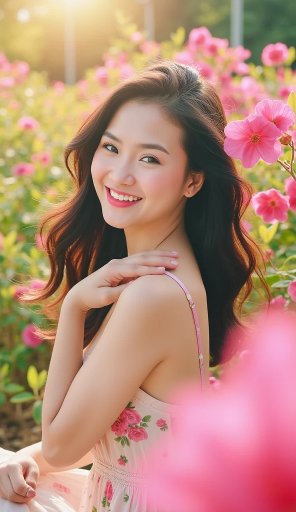 pretty girl: Asian, super cute;
Age: from 18-20 years old;
hair: bronze orange, smooth, shimmering in the sunlight, detailed;
skin: ivory white, rosy and flawless;
eyes: jet black, almond shaped, sexy, youthful, clear, super detailed, elegant, seductive, sharp makeup, realistic, attracts viewers;
eyelids: delicate, perfect beauty;
Eyebrows: arched, sparse, sharp;
face: beautiful, pure, like a fairy, with gentle makeup, lovely, perfectly balanced, beautiful in every detail;
nose: pretty, lovely, high;
Cheekbones: prominent;
lips: seductive, light red lipstick, lovely lip gloss;
teeth: radiant, pure white;
charming smile, showing white teeth;
breasts: full, deep cleavage, ((tight)), tight bra, pointed nipples;
bra: bright red, gold embroidery, metallic, silver mesh;
panties: lace, ((red)), metal trim, tight;
body: plump, attractive, full of youth;
accessories: ruby necklace, ruby earrings, tattoo;
shirt: silk fabric, white, see-through;
dress: tight, ((thin see-through)), floral embroidery;
Fashion style: high-end women, modern 2024, luxury;
Photo quality: non-NSFW, 8K CG HD, sharp, super beautiful graphics, professional, detailed, vibrant colors, super smooth, advanced techniques, true RAW;
lighting: luxury, complex color scheme, black gold rays;
sunlight: sparkling, illuminating the girl's body;
Background: brilliant flower garden, bright light;
