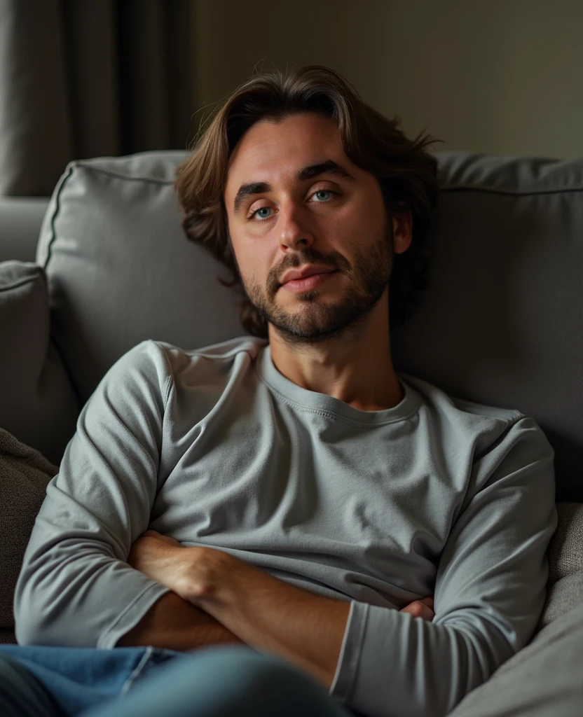 A horizontal photo
In Which a men sit on the sofa and wearing a red t shirt
