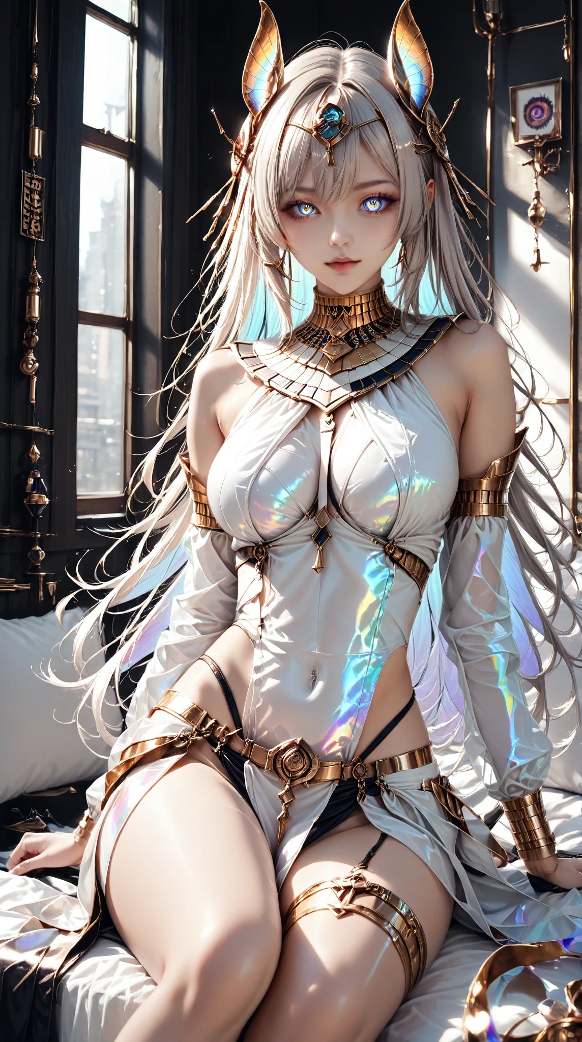 top-quality、masterpiece、超A high resolution、(Photorealsitic:1.4)、1 person、Light blue hair、Straight hair, shiny and clean hair、White shiny skin、Sexy cyberpunk girl、((super realistic details))、Shadow、octan render、ultrasharp、hyperdetailed face、Fiberglass、Luminous tube、highly intricate detail、Realistic light、CGSoation Trends、((Golden Eyes))、(Facing the camera)、neon details、Mechanical limbs、Mechanical vertebrae attached to the back、mechanical cervical attaching to neck、Wires and cables connecting to the head、((valkyrie))、Combat stance、cosmic space、Showing off her panties、mini skirt、Not wearing a bra、The dust sparkles、Blushing、Open-chested maid outfit、See-through clothing、I'll show you how to roll up your panties with my own hands、White panties、shame