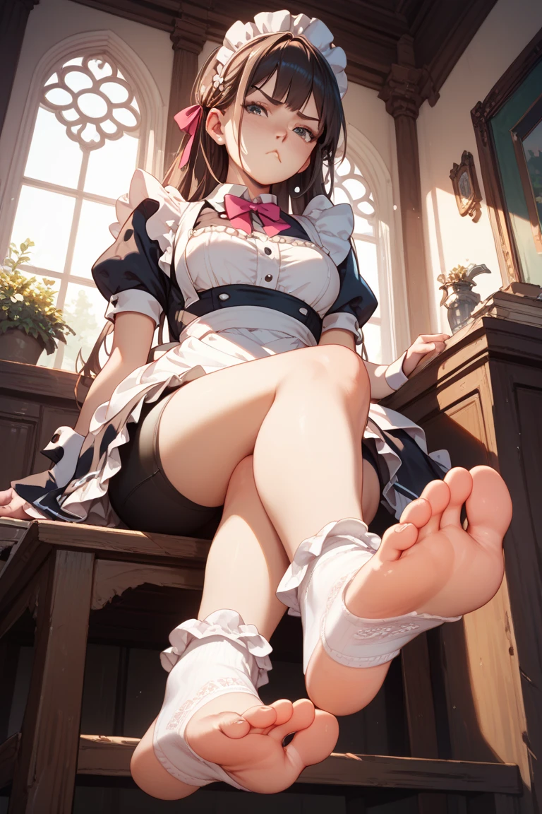 ((masterpiece)), ((Highest quality)), ((Very detailed)), One girl, Long Hair, Feet Focus, Sit on a chair, Big Breasts, plump, (Black Pantyhose:1.2), Wicked Smile, Looking at the audience, From below, (Turn the soles of your feet to the viewer:1.3), Steaming body, Sweat, (Sweaty feet:1.2), Lift your legs,(nsfw:1.3)