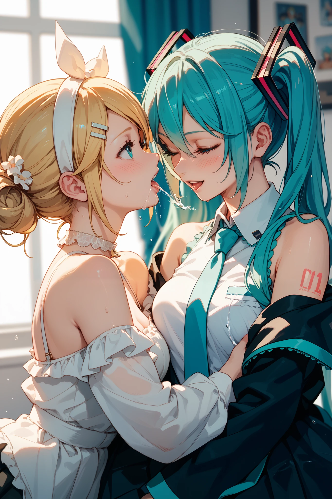 2 girls, (Hatsune Miku), long hair, (((Kagamine Rin, yellow bobcut))), cute, naked, (curvy body:0.5), (plump body:0.5), small breasts, long hair, ((dee kiss)