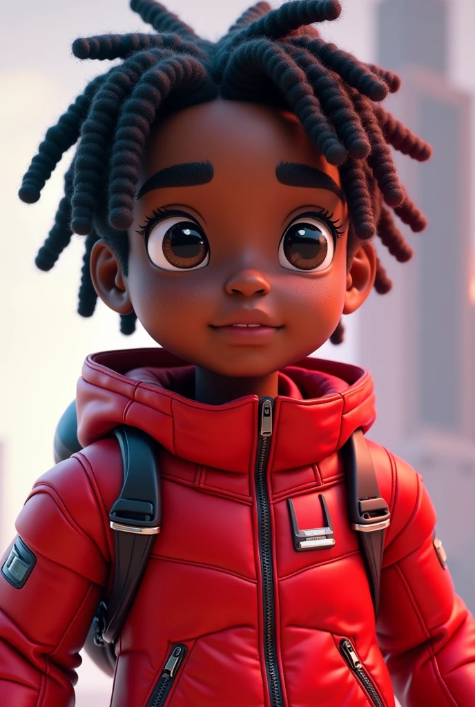 Female, age 16, 3D Pixar style character, bulk body, front image, dark skin color, white hair color, clothing, white T-shirt with red jacket, looking at viewer, solo, upper body, ((masterpiece)), (best quality), (extremely detailed), depth of field, sketch, dark intense shadows, sharp focus, soft lighting, hdr, colorful, good composition, spectacular, anime screencap, detailed eye. detailed image, white background, rendered in unreal, movie promo image, rendered image masterpiece, best quality, movie still, close-up, bright, happy, warm soft lighting, (sparks:0.7) masterpiece, best quality, movie still, close-up, bright, warm soft lighting, (sparks:0.7) --auto --s2