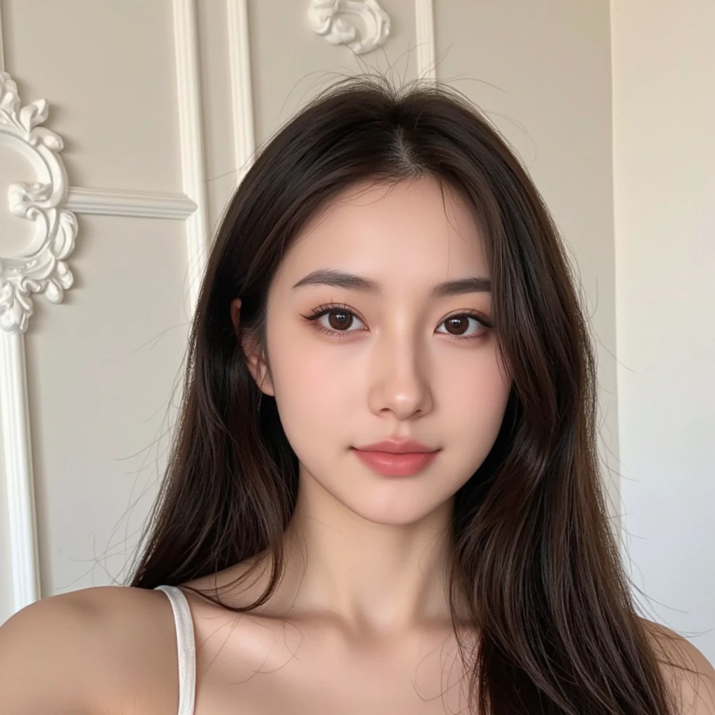 ulzzang-6500-v1.1, (RAW Photos:1.2), (Photorealistic), (Genuine:1.4), (Mastepiece), masterpiece, Absurd, The finer details, High resolution, Highly detailed face and eyes, Photorealistic, Close-up portrait of a woman in a black top and white curtains, Yoshitomo Nara, Japanese Model, Gorgeous Chinese Model, Japanese Goddess, Beautiful Korean Women, Beautiful Asian Girl, Lovely lady, Gorgeous Young Korean Woman, Asian Woman, 美しいAsian Woman, 30-year-old woman, 30-year-old woman, Asian Girl, Eyeshadow, Professional makeup、Classy makeup、Big eyes, cute eyes、