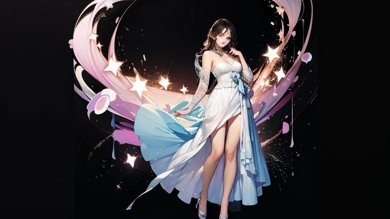 The image shows a young woman standing on a stage with a dramatic background. She is wearing a long, flowing dress with a deep V-neckline and thin straps. The dress is light purple in color and has a high slit on the side, revealing her legs. The skirt of the dress is flowing behind her, creating a sense of movement and energy. The woman has long, wavy hair that is styled in loose waves and cascades down her back. She has a pair of high heels on her feet and is looking directly at the camera with a serious expression. The stage is lit with blue and purple lights, and there are small white dots scattered around the floor. The overall mood of the image is dramatic and glamorous.