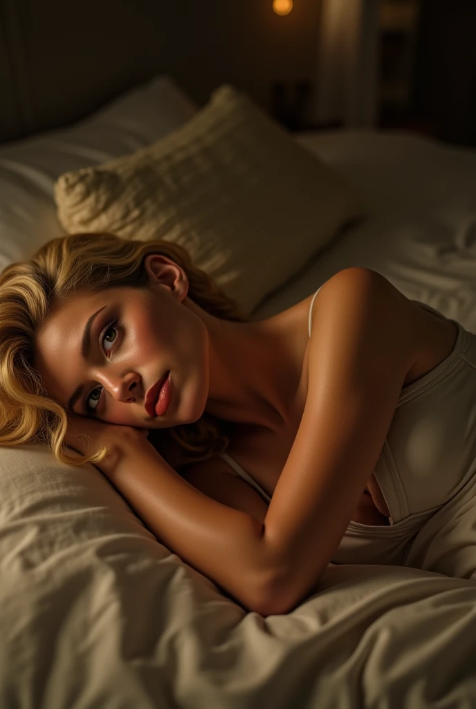 A beautiful blonde white girl with ชุดนอนบางสีขาวเปียก and sit sexy on the bed, หลับตาและร้องไห้ อ้าปากด้วย, full body shot, movie lighting, glow, neon,