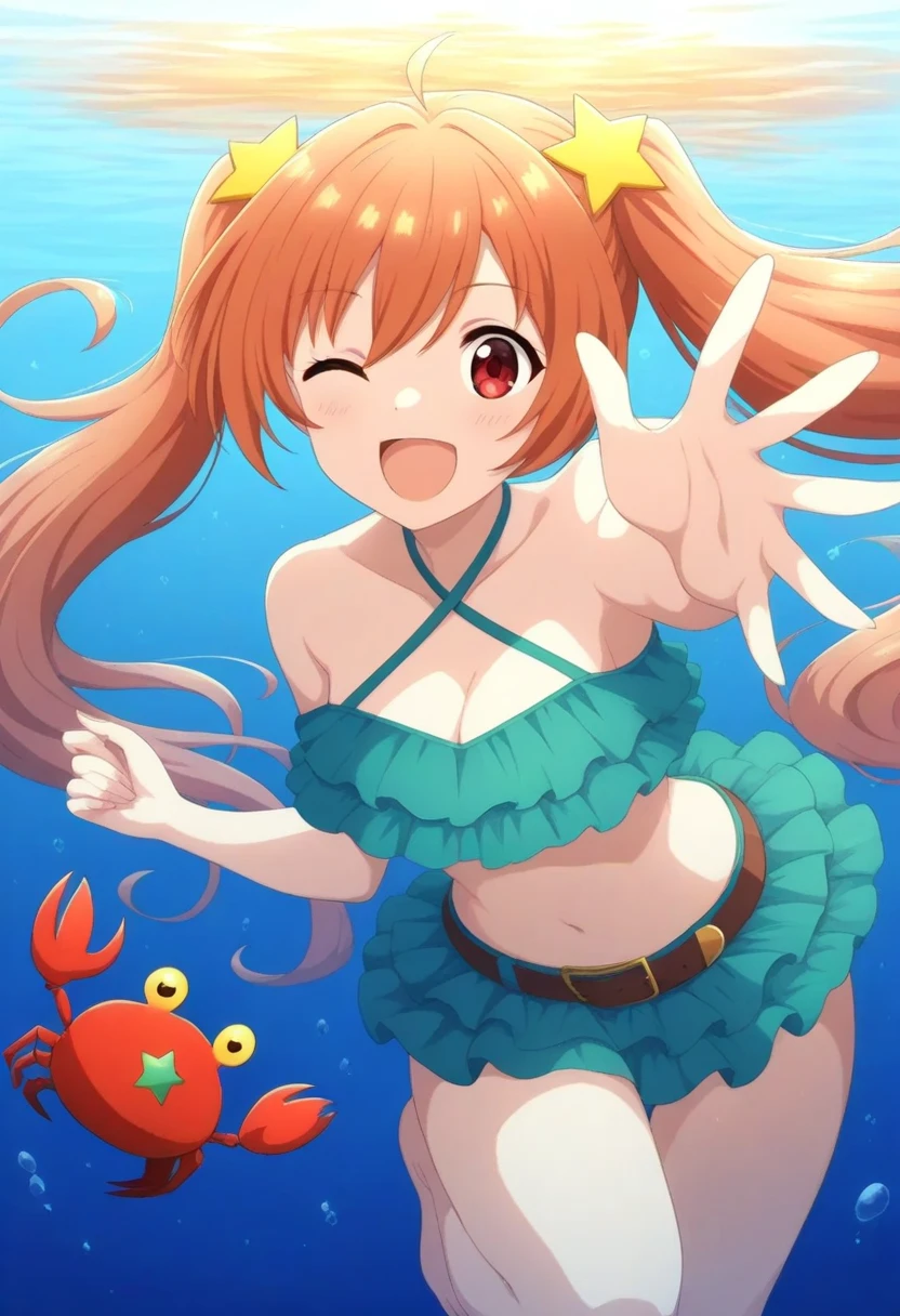 Kousaka honoka, solo, shell bikini,under water ,nude, mermaid tail, big breasts, smile
