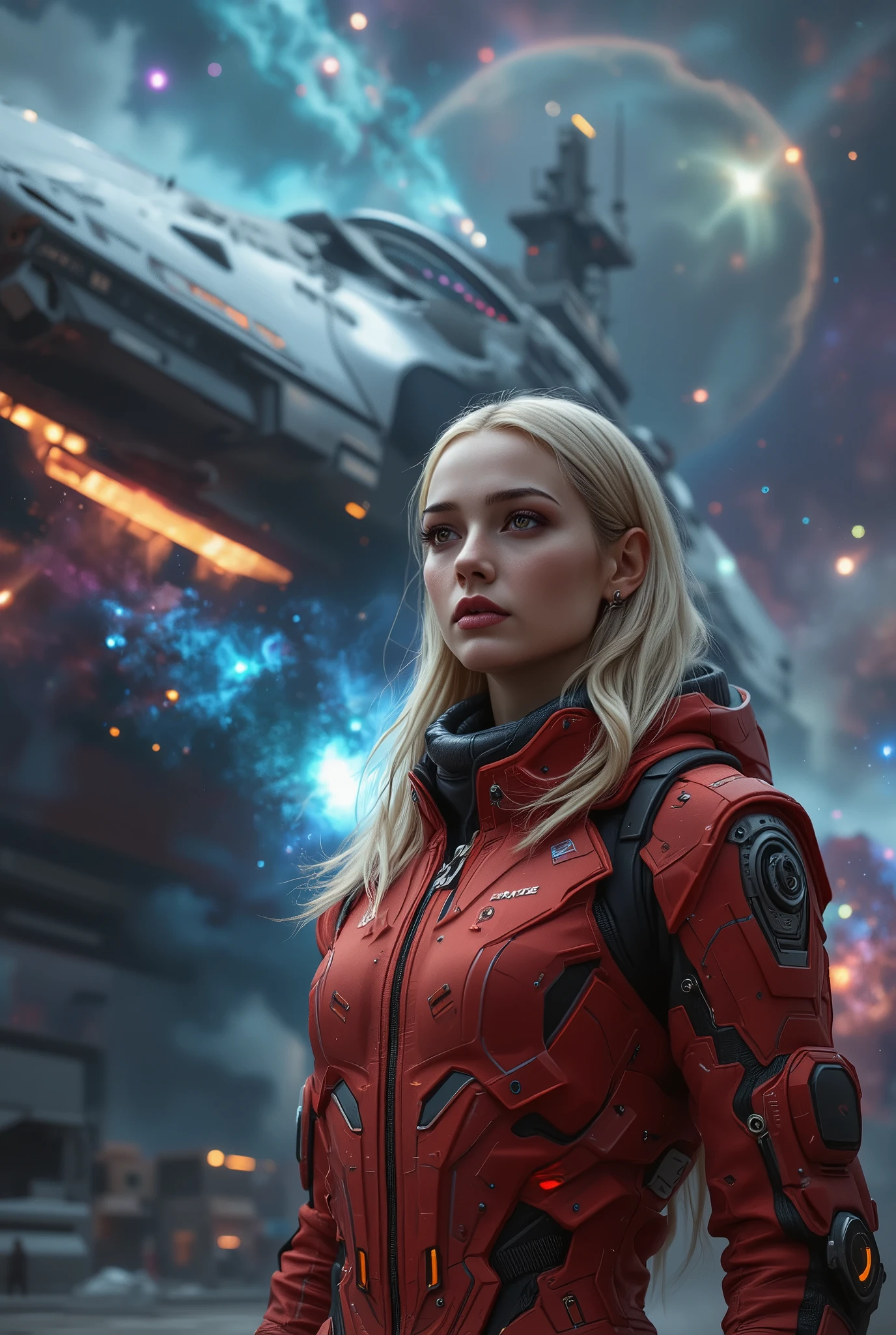 a woman with golden white hair, beautiful detailed eyes, beautiful detailed lips, extremely detailed face, long eyelashes, wearing a matte red space suit, standing in front of a space battleship in a galaxy, (best quality,4k,8k,highres,masterpiece:1.2),ultra-detailed,(realistic,photorealistic,photo-realistic:1.37),concept art,sci-fi,cinematic lighting,dramatic colors,vivid colors