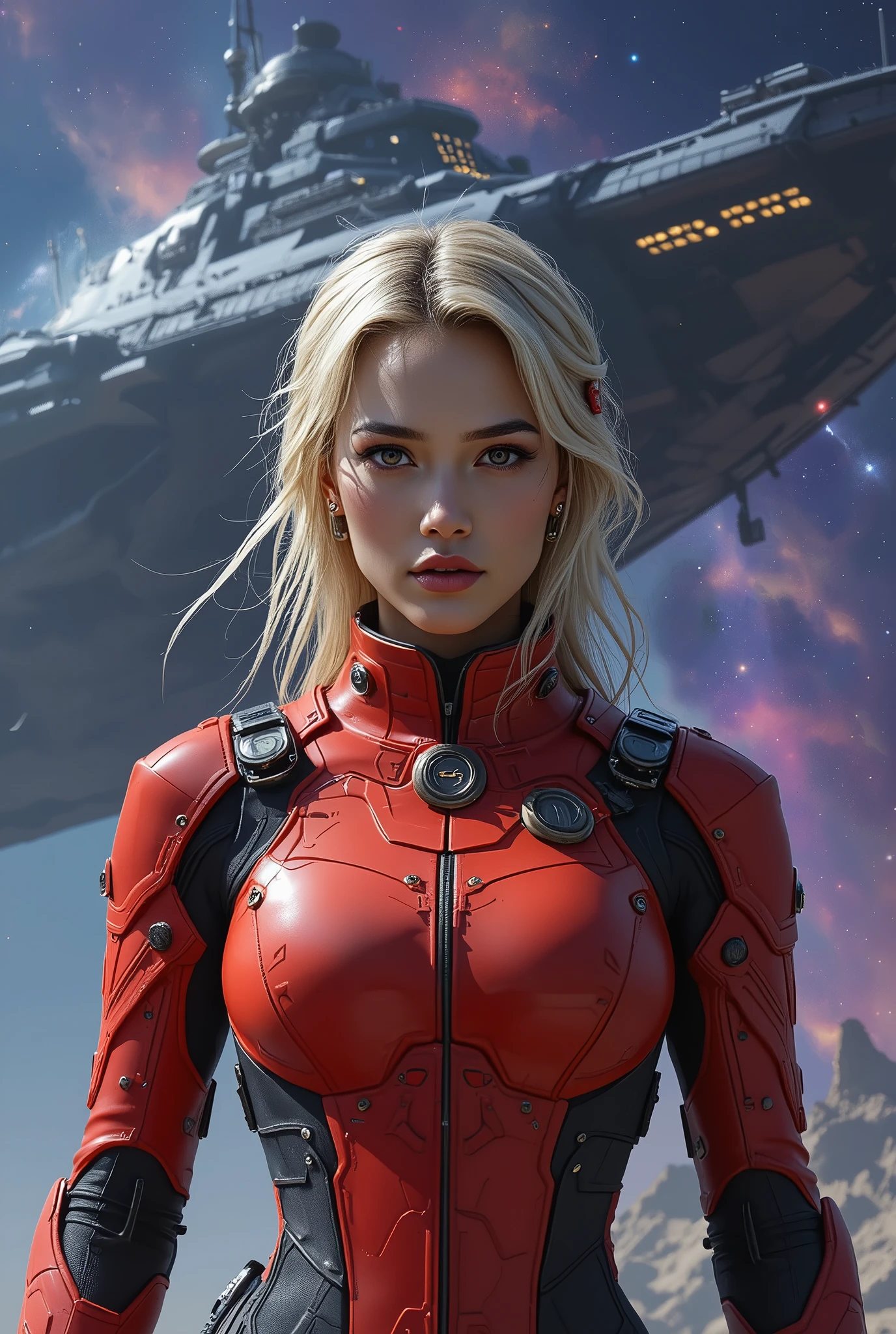 a woman with golden white hair, beautiful detailed eyes, beautiful detailed lips, extremely detailed face, long eyelashes, wearing a matte red space suit, standing in front of a space battleship in a galaxy, (best quality,4k,8k,highres,masterpiece:1.2),ultra-detailed,(realistic,photorealistic,photo-realistic:1.37),concept art,sci-fi,cinematic lighting,dramatic colors,vivid colors