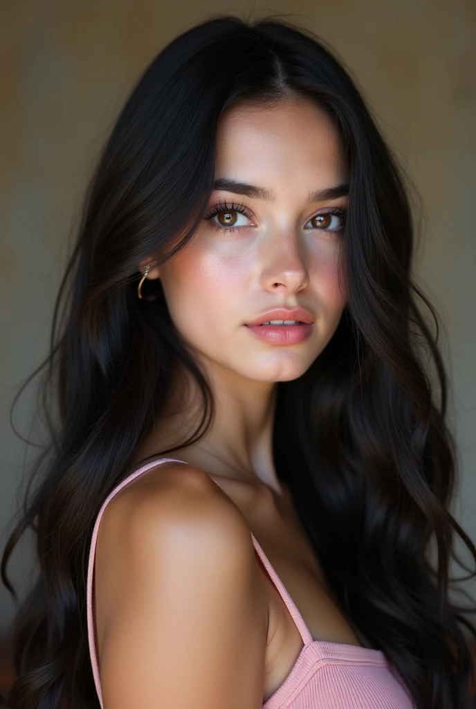 Beautiful young girl with long black hair, and with bright green eyes