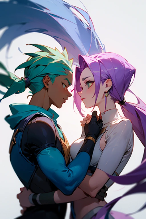 2 people. Male, long light blue hair tied in a ponytail, slightly brown skin, green eyes With a purple scarf and a black sleeveless t-shirt..
The other female character, short pink hair, Light blue-almost green eyes dressed like royalty.