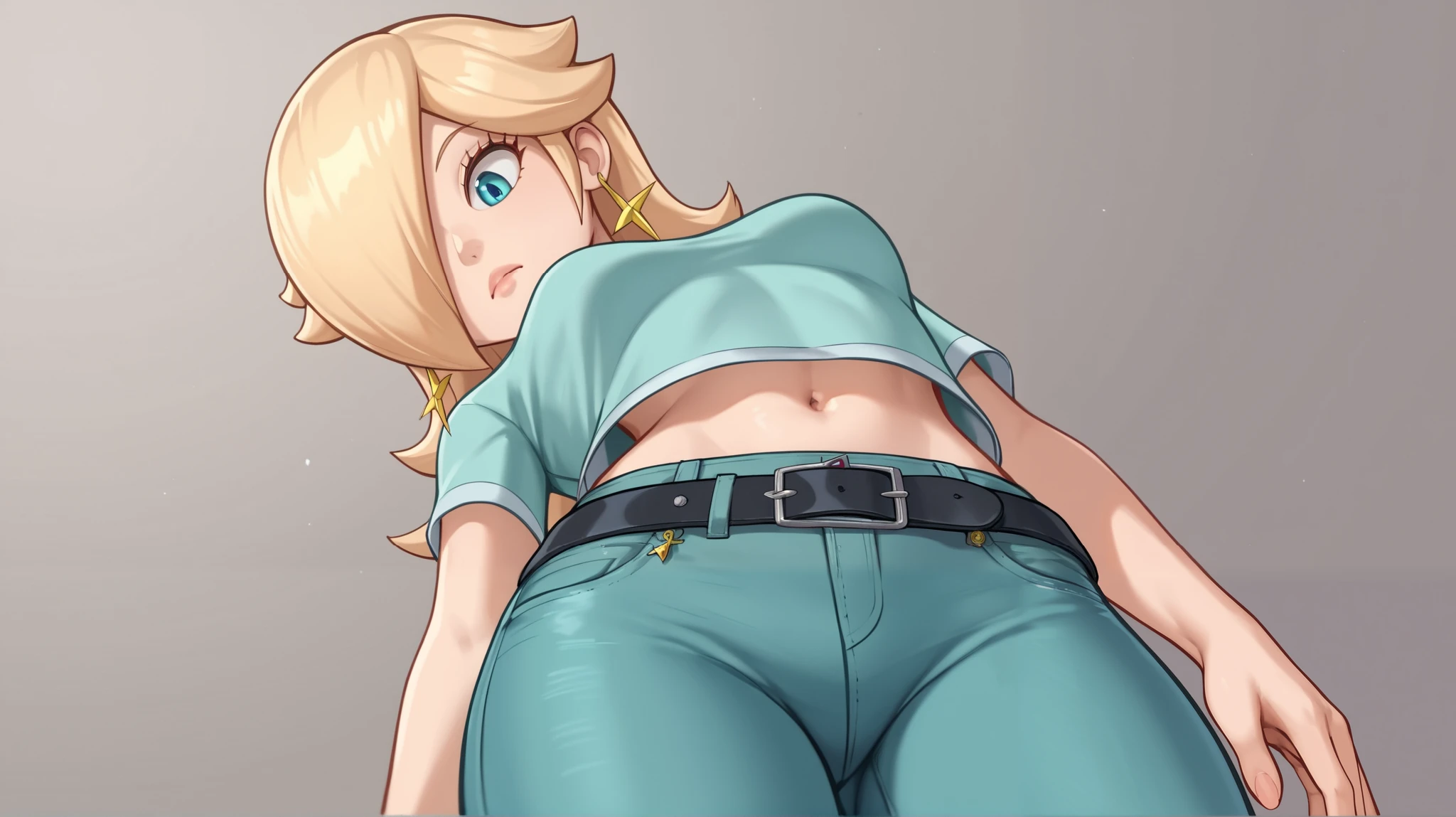 score_9, score_8_up, score_7_up, source_anime, rosalina, blonde hair, blue eyes, hair over one eye, long hair, star earrings, solo, cowboy shot, black t-shirt, taut clothes, tight shirt, midriff, navel, jeans, black belt, closed mouth, looking down, from below, close-up, navel bug
