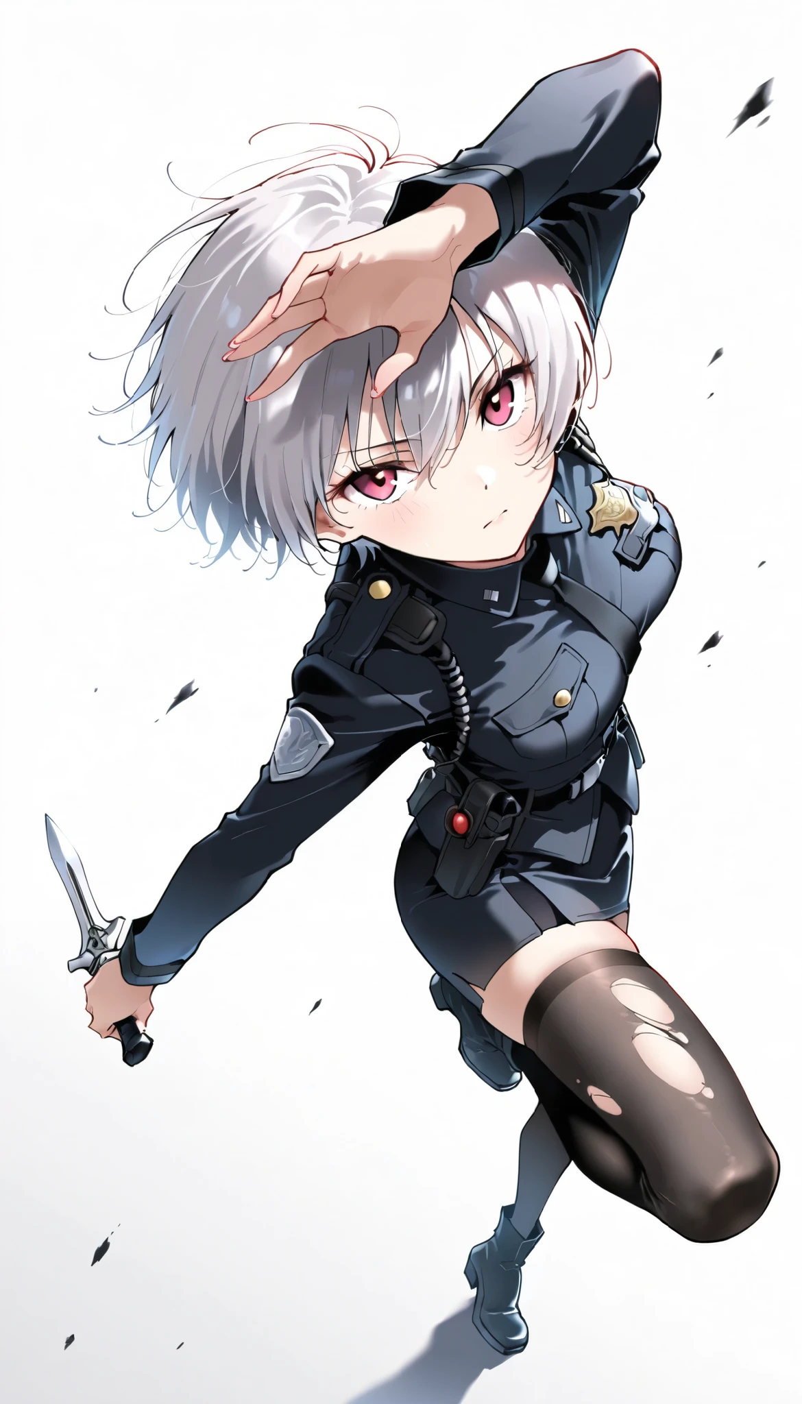 ((masterpiece)), (best quality), 1girl , Alone, simple background, temptation, delicate face, handheld dagger , Battle Pose , full body, silver short hair, long sideburn, Disdainful Eyes, Black Stockings, Damaged black police uniform, medium breasts, style: midjourney, white background, from above, two-point perspective , Impact footage,motion blur,depth of field