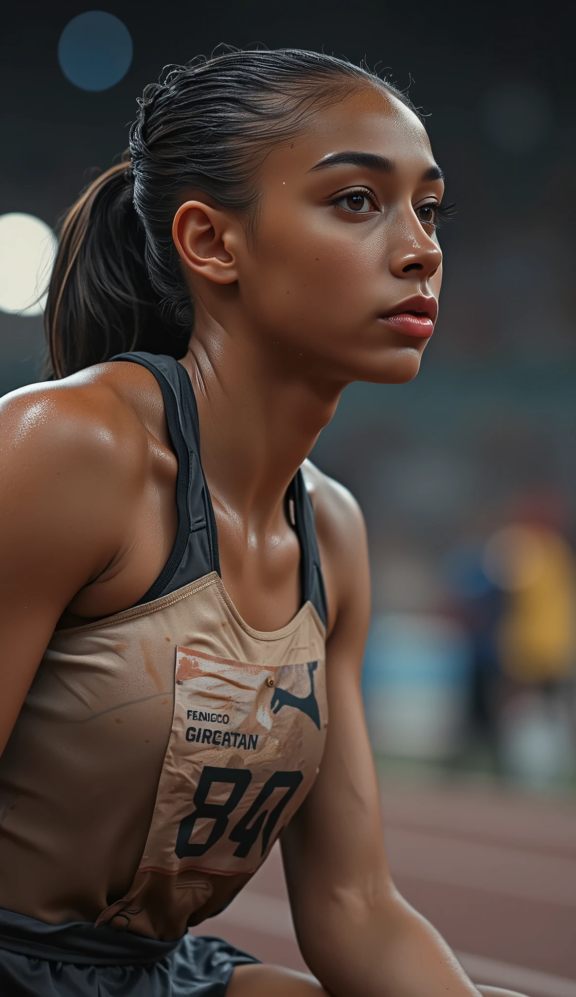 high quality, 4K, Hi-res, Master class, Extreme Detail, realistic, stunning female sprinter, streching, Put your concentration, Stretching, pose, extremely detailed moist skin texture, beautiful, Powerful, gorgeous, 4K, HDR, photos, High Resolution, excellent detail, Professional, vibrant color, Bokeh, illumination, shadow, background blur
