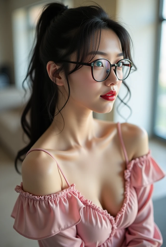 Wear on all fours(Black bra:1.7)Big breasts big breasts(tight denim shorts:1.8)The girl poses for a photo,(full bodyesbian,full bodyesbian:1.9)(blacksilk:1.7),With a cropped T-shirt、brassier,Slim body,Bust circumference,Slim girl model,24 years old female model,gold-wire glasses,Shed tears,drools,