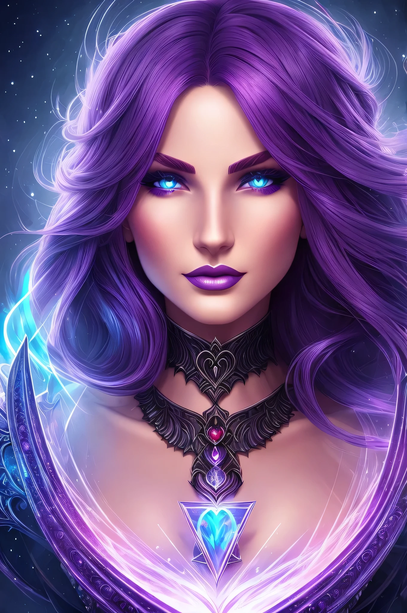 Portrait, beautiful powerful 30-year-old sorceress with purple hair, wearing a glowing magical red dress, wanting a kiss, hourglass figure, symmetrical figure, highly detailed face, beautiful face, fierce blue eyes, lush lips, alluring, stunning misty digital illustration