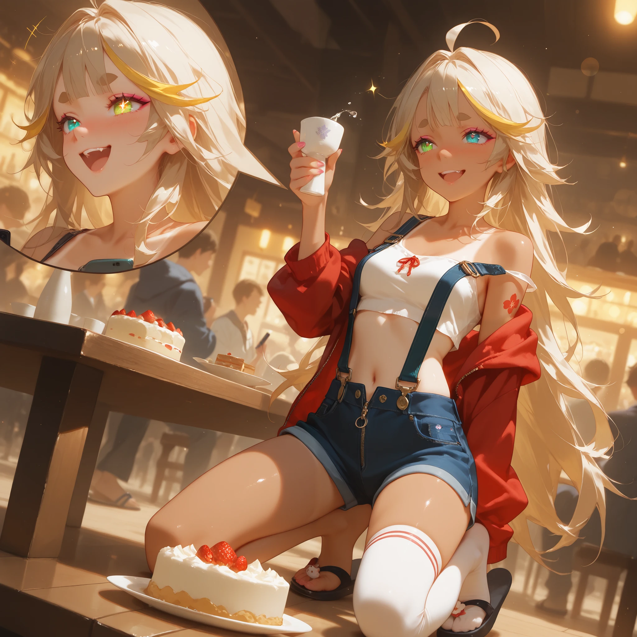 1girl,female,tan,flower-shaped pupils,early ,tanlines,petite,slender,very long hair,streaked hair,blonde hair,brown hair,centre parting bangs,bunches,tattoo,long_eyelashes,colored_eyelashes,lipgloss,thick eyebrows,short eyebrows,pupils sparkling,aqua_eyes,pink eyeshadow,heterochromia,green eyes,pink_nails,bare shoulders,collarbonea,small_breasts,midriff,haori,strap_slip,animal_slippers,sleeveless_hoodie,suspender_shorts,asymmetrical_legwear,full-length_zipper,giggling,smug,drunk,exhausted,taking_picture,ok_sign,holding_cup,kneeling,bar,downtown,crowd,indoor,table,Smartphones,plate,candle,playing_card,cake,sake,wide_shot,eye-contact,looking_at_food,depth of field,lens_flare,bokeh,chromatic_aberration,contour_deepening,dynamic_angle,cinematic_angle,dutch angle,from_outside,front view,phone_screen,multiple_views,