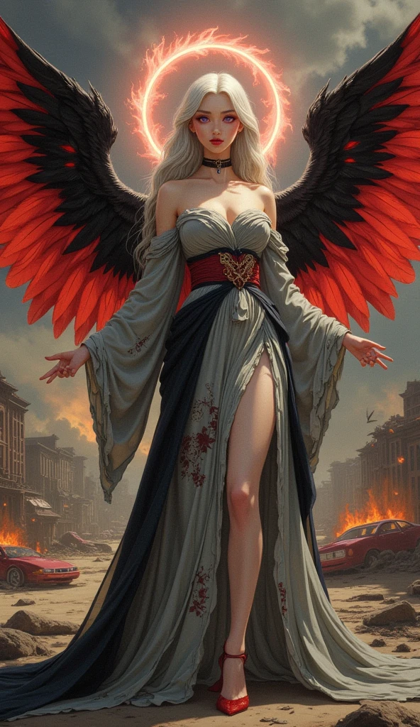 Long dress with pearl necklace and fur in 20s style , elf ears, cleavage, thigh, sexy, wide black wings, hell, lava setting, fire