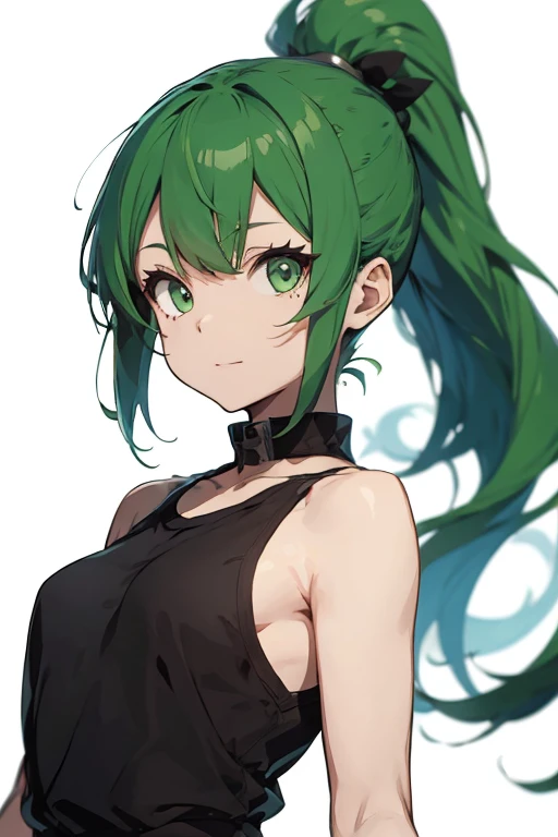 Adult woman, long green hair, high ponytail, white eyes, Black Dense Shape, mask, angry, seen from behind, Smile, Masterpiece, hiquality, 4k, HD, Good detail