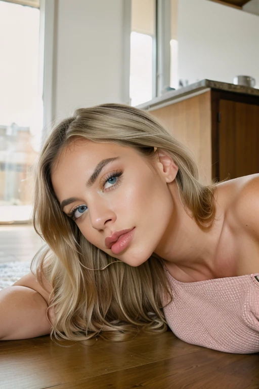 belle blonde habillé en nuisette rouge et noir yeux bleus femme magnifique dans sa chambre en soirée de la tête aux pieds normaux d’humain