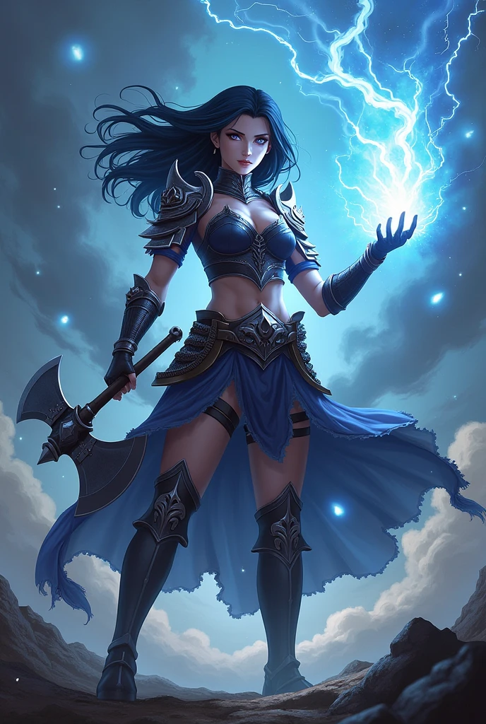 a fantasy painting of a woman warrior cavalier, with stepped black and white hair , controlling water elemental with left hand, elemental powers, fantastic drawing, oil painting style, colorful painting