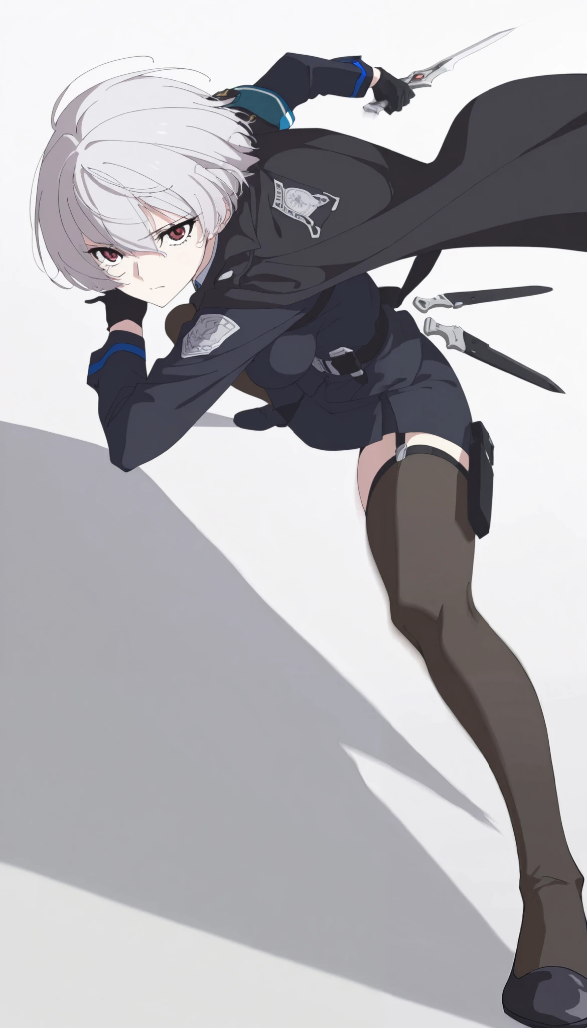((masterpiece)), (best quality), 1girl , Alone, simple background, temptation, delicate face, handheld dagger , Battle Pose , full body, silver short hair, long sideburn, Disdainful Eyes, Black Stockings, Damaged black police uniform, medium breasts, style: midjourney, white background, two-point perspective , Impact footage,motion blur,depth of field, closeup
