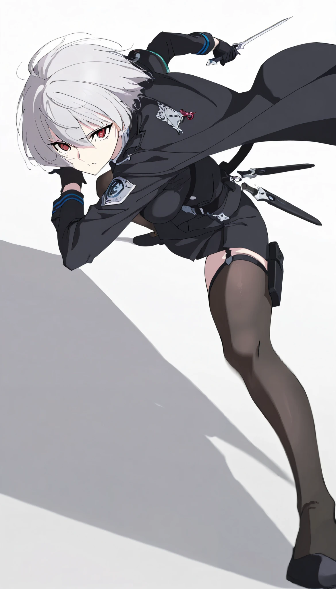 ((masterpiece)), (best quality), 1girl , Alone, simple background, temptation, delicate face, handheld dagger , Battle Pose , full body, silver short hair, long sideburn, Disdainful Eyes, Black Stockings, Damaged black police uniform, medium breasts, style: midjourney, white background, two-point perspective , Impact footage,motion blur,depth of field, closeup