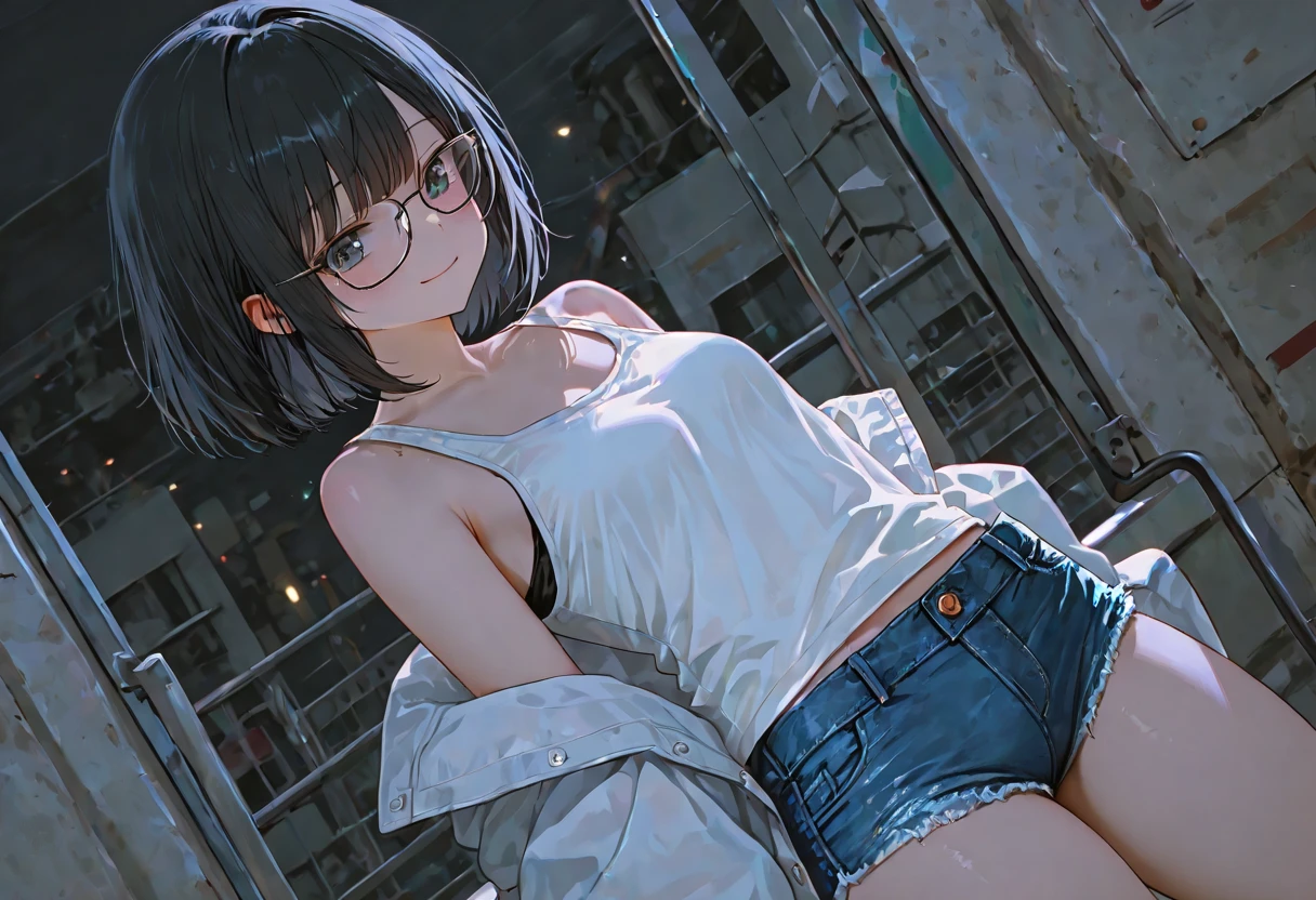 Magia realista de uma mulher com short , cabelo grisalho, wearing glasses, vestindo um moletom preto, expression of fear, standing, setting up a night office, night buildings in the landscape through the window is in shorts is bras