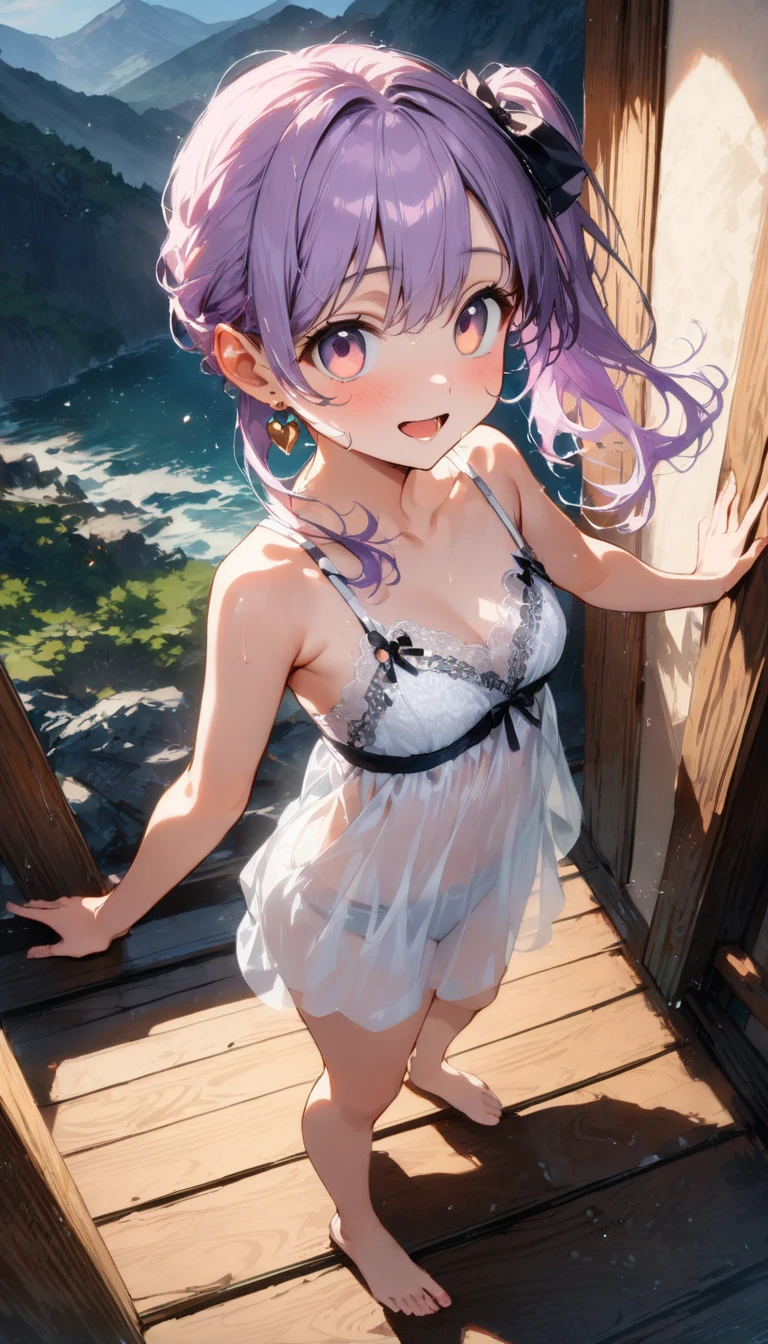 high quality, 最high quality、 Stylish design, (((Cool beauty girl))), ((Thin legs))、(((最high quality))), High resolution, ((detailed)), ((masterpiece)), ((Super detailed)),、(Blue-purple inner color hairstyle)、((Poses that accentuate the chest、There is only a slight swelling)),((Cute summer clothes)),(Sitting),(((Shyness)))