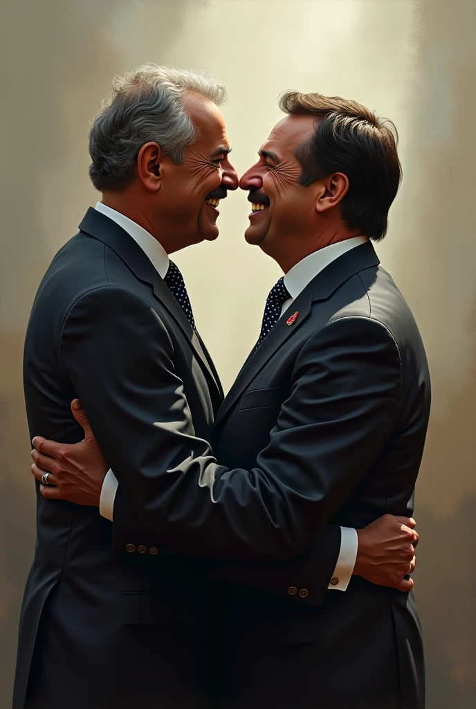 A fat silver daddy in suit kissing his fat gay friends