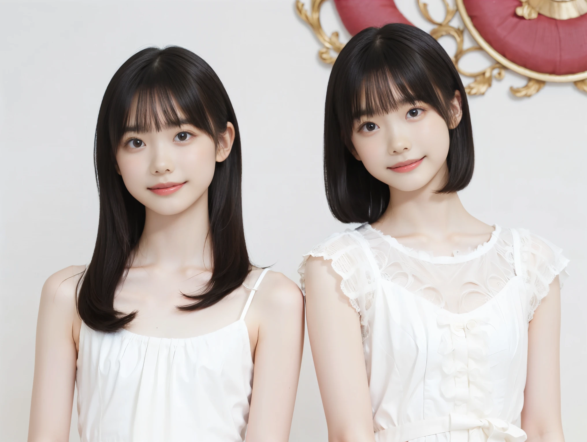 ((2girls)), (((flat chest:1.5))), (((white camisole dress))), (two ddler girls, short hair girl and long hair girl, in old apartment at late night, toler), ((pale skin:1.3, toddler body)), (smile, baby), red room, red wallpaper, narrow room, night time, (top-quality), Realistic, (real picture, Intricate details), natural skin texture