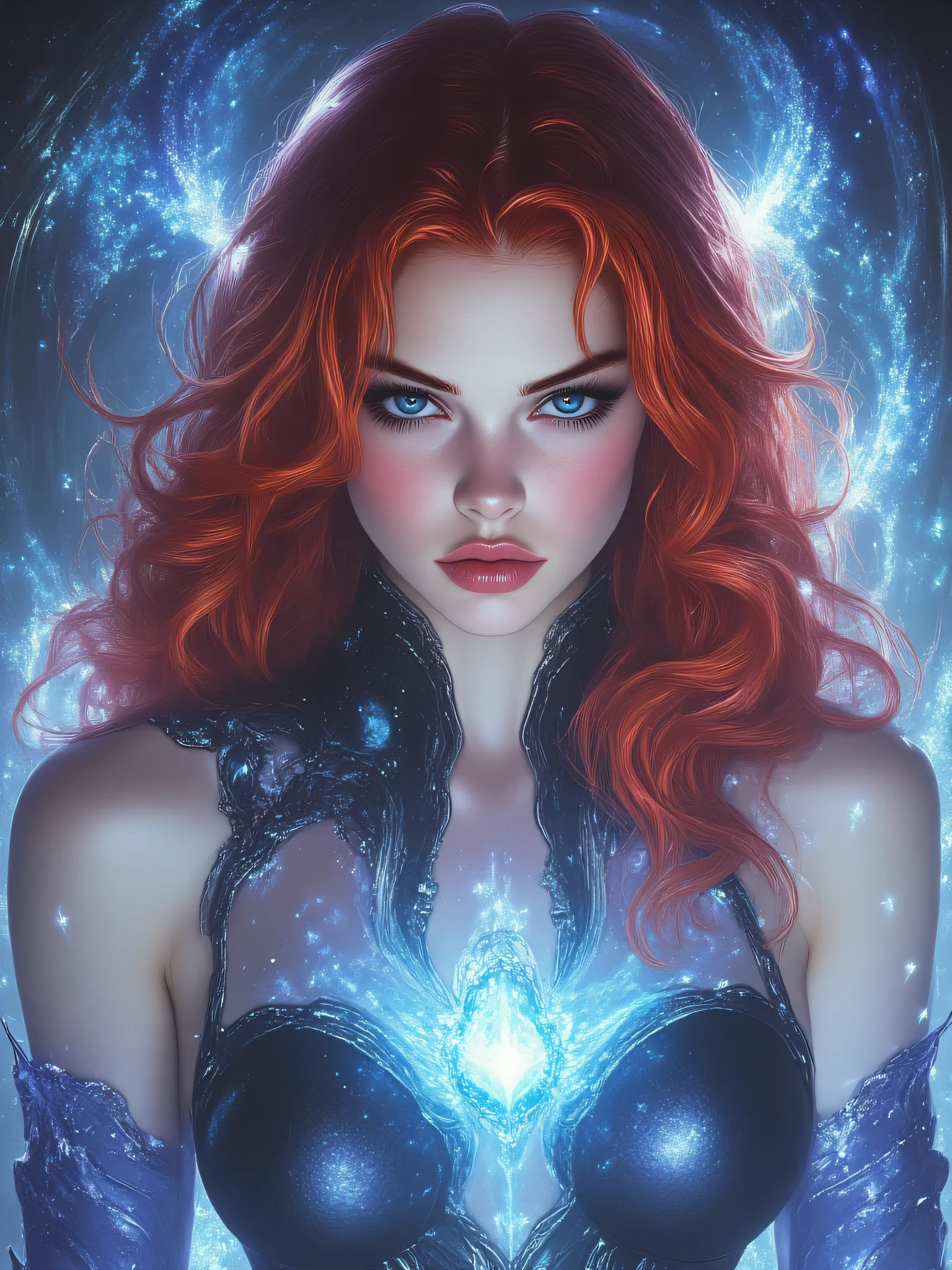Portrait, beautiful powerful 30-year-old sorceress with long red hair, wearing a glowing magical dress, wanting a kiss, ghostly white aura emerging from her in the background, highly detailed face, beautiful face, fierce blue eyes, lush lips, alluring, stunning digital illustration