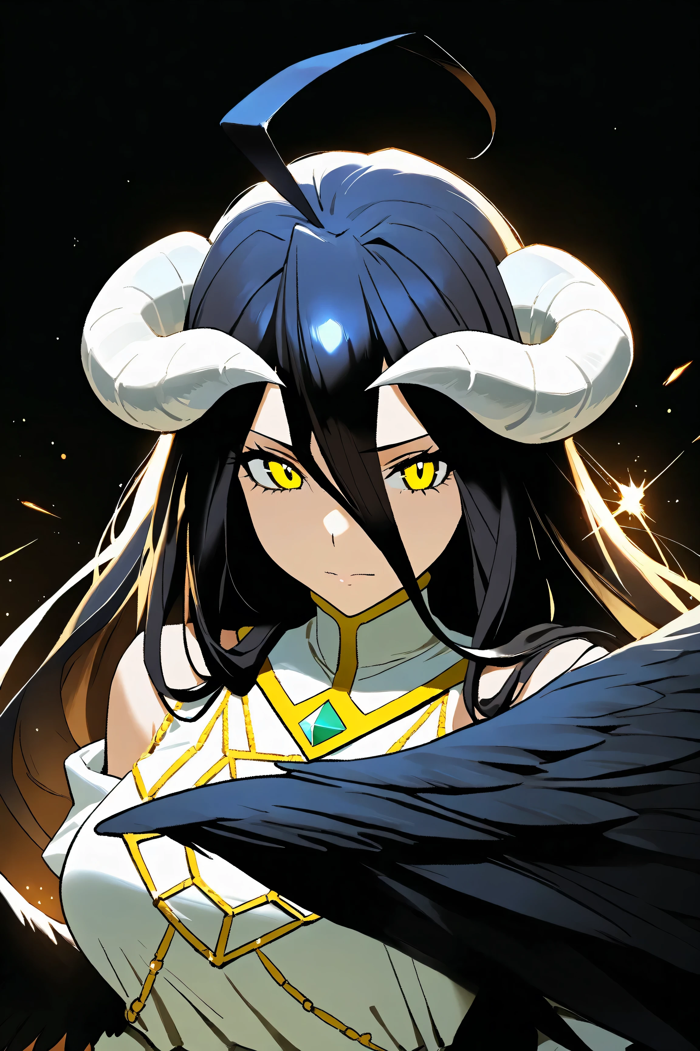 A high resolution, Sharp focus, Pixiv masterpiece, ((Intricate details)), Highly detailed, 1girl, Black wings, Gold-white dress, White horns, Albedo_Overlord, Black hair, (Low wing,:1.1), Upper body, black background, gold dust, gold sparks, gold particles,