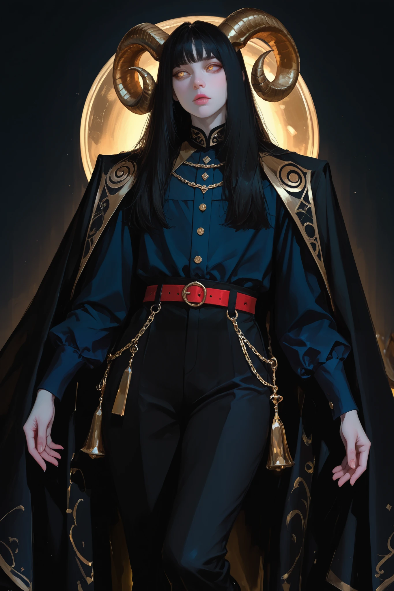 Solo, ((From Front)), Thigh up, Male, Twink, Long Black Hair, (((Golden Eyes, Golden Curled Horns))), Black Hair, Pale Skin, Pink Lips, Noble appearance, Human Face, Human, dark blue Noble Shirt, Gold Accents on Shirt, Black Trousers, Black Shoes, Black Cape over shoulders, golden shoulder tassels, Golden Buttons on Cape, Golden Chain on Cape, Red Belt, Golden Round Belt Accents,
