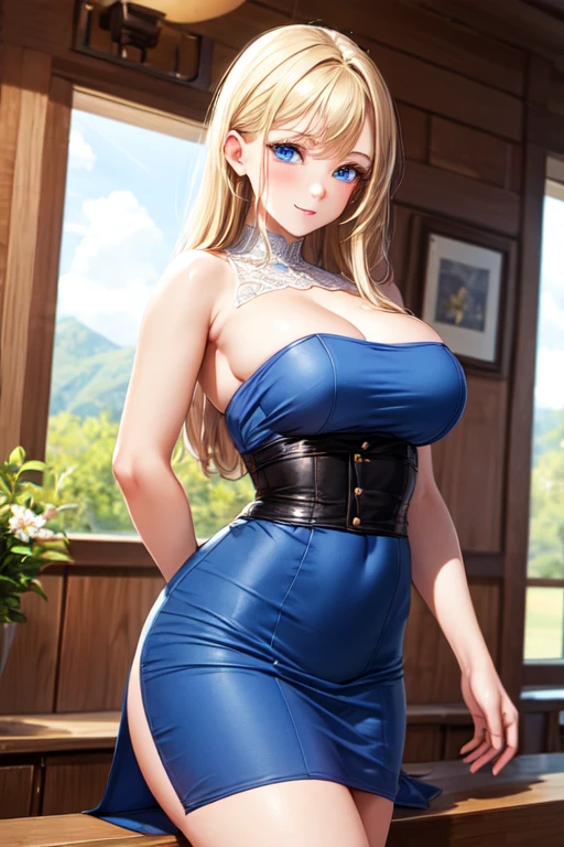 1girl, (Blue Eyes), smiling face, (Sana Minatozaki), wide hips, Big Boobs, big ass, (Best Quality, 8k, Masterpiece: 1.3), Clear Focus: 1.2, Perfect Body Beauty: 1.4 , Slender Abs: 1.2, Highly detailed face and skin texture, detailed eyes, double eyelids, (blonde long hair), (bright, wavy light blue dress), (standing on a staircase in a large bright white room), sparkling particles floating in the air, stained glass in the background, magical atmosphere, princess, at night, ((((huge muscles))))