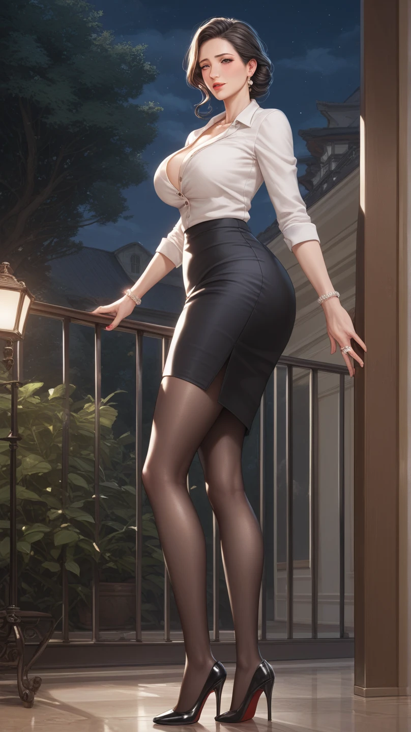 girl in a suit, full body shot hyperdetailed, Superskirt,stocklings,huge tit,Bare chest,choker necklace,eye glass,High ponytail,Slender legs,Perfect legs、Seductive pose,erotic,Highest image quality,tmasterpiece