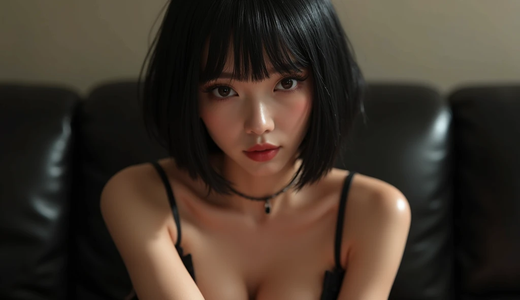 black hair girl, short bangs and seductive look, Focus on your face