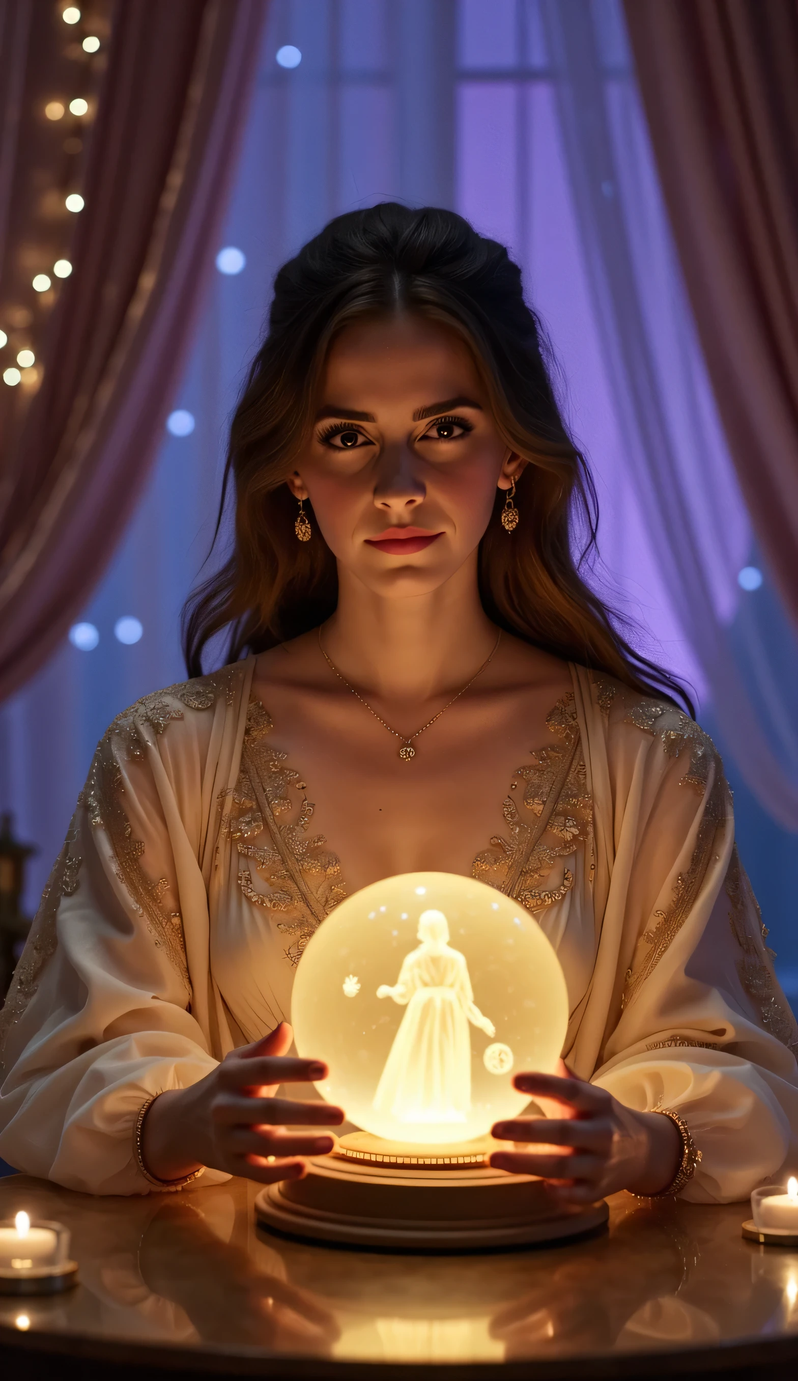 "A young, serene, and enchanting fortune teller sits gracefully at a softly lit table, her hands gently hovering over a glowing crystal ball. She wears a sophisticated, flowing fortune teller’s outfit with a formal twist—delicate, mystical patterns woven into a tailored, elegant robe that gracefully accentuates her full, prominent bust, complemented by soft golden jewelry and a sheer, refined shawl. Her deep, tranquil eyes gaze into the crystal ball, where a soft, pulsating golden light swirls calmly. Within the light, the symbol of the Virgo zodiac sign materializes: the iconic Virgo glyph (♍) or a majestic representation of the Maiden standing poised, her form faintly shimmering in the ethereal glow. A subtle, peaceful aura surrounds it. The background is adorned with soft, velvet curtains in shades of lavender and deep blue, flickering candlelight, and subtle mystical symbols. Gentle, twinkling lights pulse softly in the background, creating a dreamy and magical atmosphere. The ambient light casts a soft glow on her face, enhancing the sense of calm and spiritual serenity."